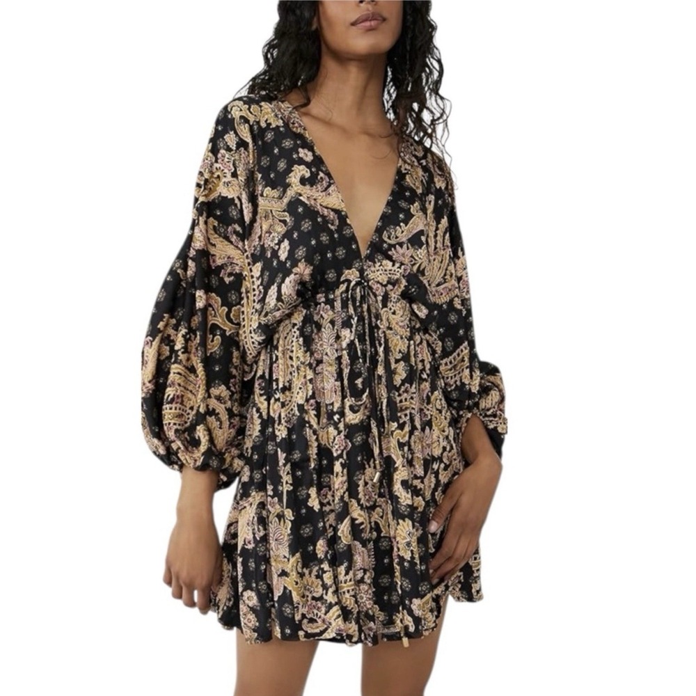 Free People Arzel Mini Dress Black Combo Paisley Festival Boho V Neck XS - Picture 3 of 16